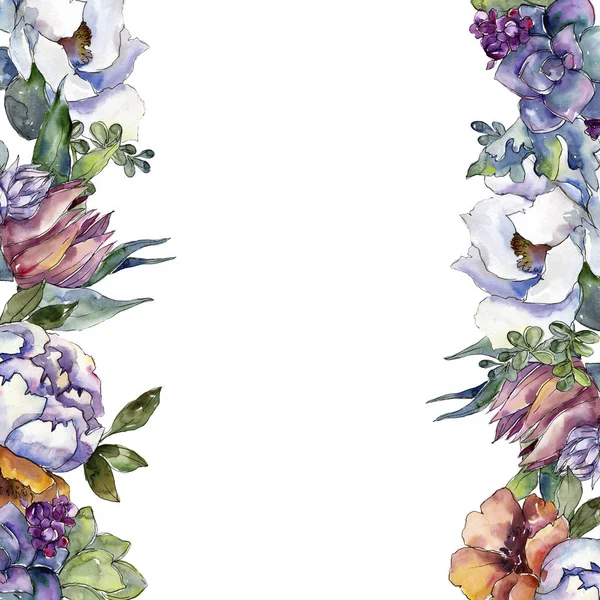 Csokorkészítés virág botanikai virágok. Akvarell háttér illusztráció készlet. Test határ Dísz tér. — Stock Fotó
