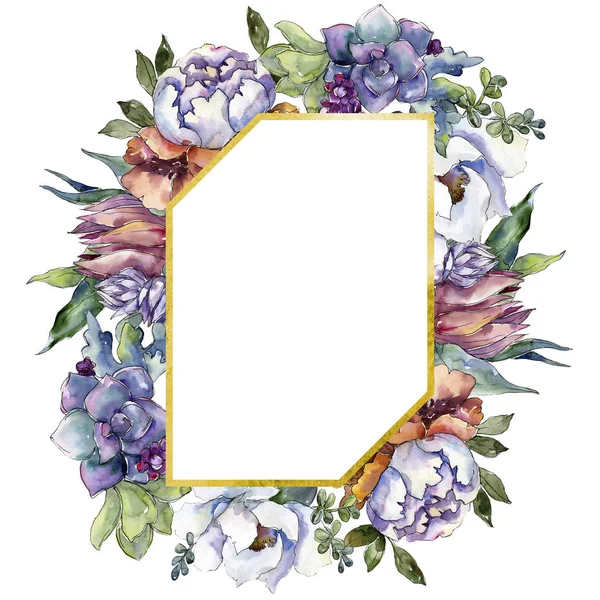 Bouquets flores botânicas florais. Conjunto de ilustração de fundo aquarela. Quadro borda ornamento quadrado . — Fotografia de Stock
