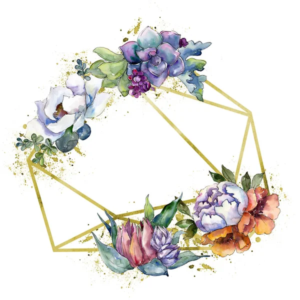 Bouquets flores botânicas florais. Conjunto de ilustração de fundo aquarela. Quadro borda ornamento quadrado . — Fotografia de Stock