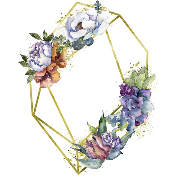 Ramos de flores botánicas florales. Conjunto de ilustración de fondo acuarela. Marco borde ornamento cuadrado . —  Fotos de Stock