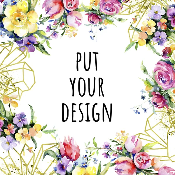 Buketler çiçek botanik çiçekler. Suluboya arka plan illüstrasyon küme. Çerçeve kenarlığı süsleme Meydanı.