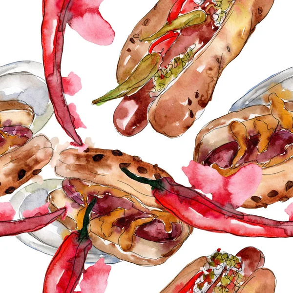 Hot dog fast food ilustração. Conjunto de ilustração de fundo aquarela. Padrão de fundo sem costura . — Fotografia de Stock