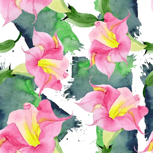 Roze Brugmansia florale botanische bloemen. Aquarel achtergrond illustratie set. Naadloze achtergrond patroon. — Stockfoto