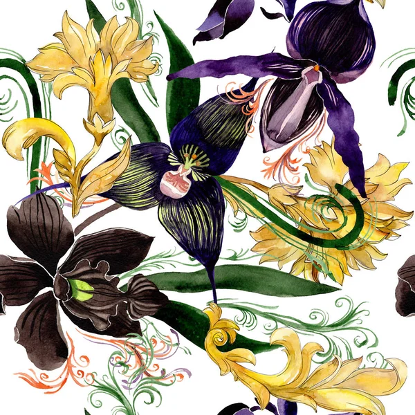 Orquídea negra flores botánicas florales. Conjunto de ilustración de fondo acuarela. Patrón de fondo sin costuras . — Foto de Stock