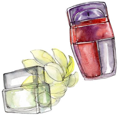 Bir suluboya tarzı izole eleman Perfum kroki glamour illüstrasyon. Suluboya arka plan seti.