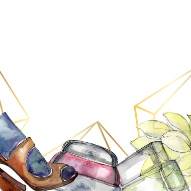 Bir suluboya stil öğesi moda kroki. Suluboya arka plan illüstrasyon ayarlayın. Çerçeve kenarlığı süsleme Meydanı.