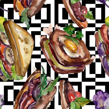 Bir suluboya tarzında sandviç. Suluboya lokanta illüstrasyon öğesi. Sorunsuz arka plan deseni.