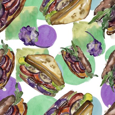 Bir suluboya tarzında sandviç. Suluboya lokanta illüstrasyon öğesi. Sorunsuz arka plan deseni.