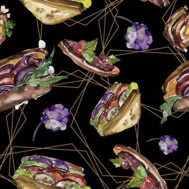 Bir suluboya tarzında sandviç. Suluboya lokanta illüstrasyon öğesi. Sorunsuz arka plan deseni.