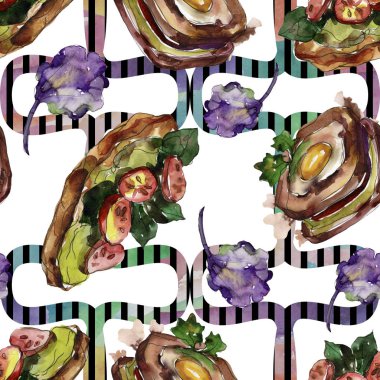 Bir suluboya tarzında sandviç. Suluboya lokanta illüstrasyon öğesi. Sorunsuz arka plan deseni.