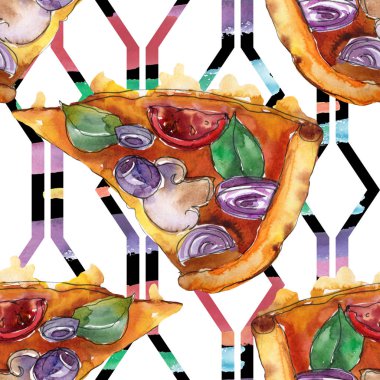 Fast food itallian pizza izole bir suluboya tarzında ayarlayın. Suluboya sorunsuz arka plan deseni.