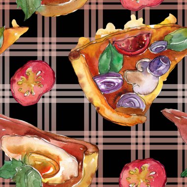 Fast food itallian pizza izole bir suluboya tarzında ayarlayın. Suluboya sorunsuz arka plan deseni.