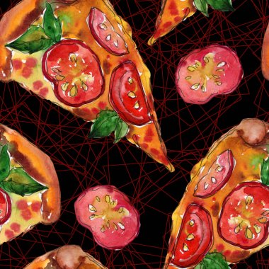 Fast food itallian pizza izole bir suluboya tarzında ayarlayın. Suluboya sorunsuz arka plan deseni.