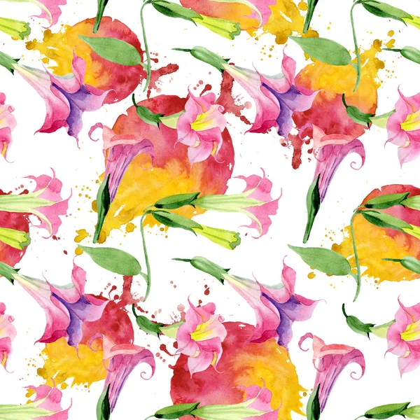 Brugmansia rosa flores botánicas florales. Conjunto de ilustración de fondo acuarela. Patrón de fondo sin costuras . — Foto de Stock