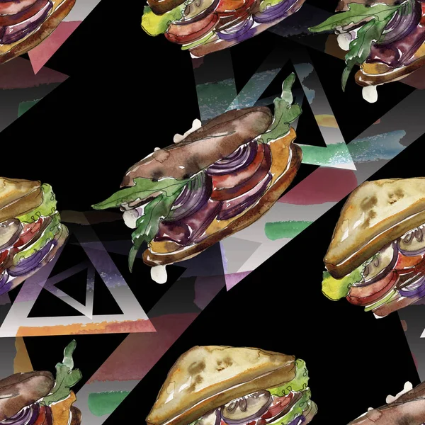 Sandwich dengan gaya cat air. Unsur ilustrasi makanan cepat saji. Pola latar belakang mulus . — Stok Foto