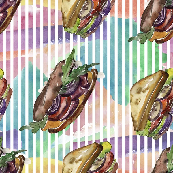 Sandwich in stile acquerello. Elemento illustrativo di fast food ad acquerello. Modello di sfondo senza soluzione di continuità . — Foto Stock