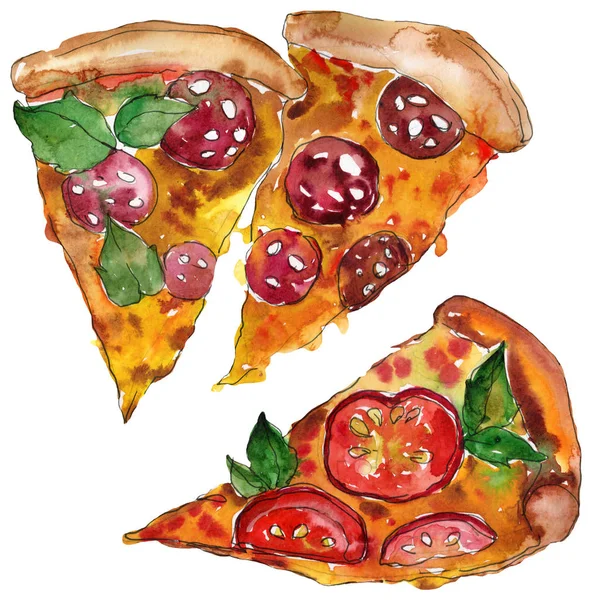 Fast food itallian pizza in a watercolor style isolated. Aquarelle food illustration for background. — Stock Photo, Image