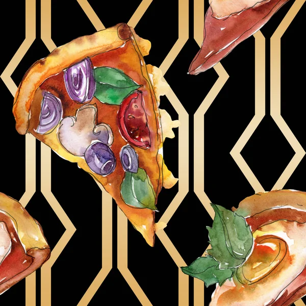 Szybkie jedzenie włoskie pizza w stylu przypominającym akwarele na białym tle Ustaw. Akwarela bezszwowe tło wzór. — Zdjęcie stockowe