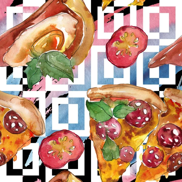 패스트 푸드 itallian 피자 절연 수채화 스타일에서 설정 합니다. 수채화 원활한 배경 패턴. — 스톡 사진