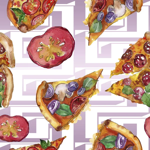 Fast food itallian pizza izole bir suluboya tarzında ayarlayın. Suluboya sorunsuz arka plan deseni. — Stok fotoğraf