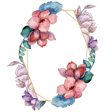 Buket çiçek botanik çiçekler. Suluboya arka plan illüstrasyon küme. Çerçeve kenarlığı süsleme Meydanı.