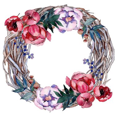 Buket çiçek botanik çiçekler. Suluboya arka plan illüstrasyon küme. Çerçeve kenarlığı süsleme Meydanı.