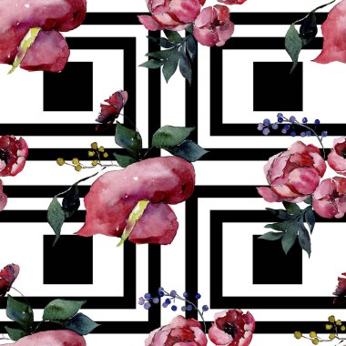 Buket çiçek botanik çiçekler. Suluboya arka plan illüstrasyon küme. Sorunsuz arka plan deseni.