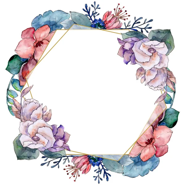 Buquê flores botânicas florais. Conjunto de ilustração de fundo aquarela. Quadro borda ornamento quadrado . — Fotografia de Stock