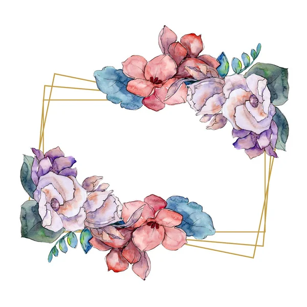 Buquê flores botânicas florais. Conjunto de ilustração de fundo aquarela. Quadro borda ornamento quadrado . — Fotografia de Stock