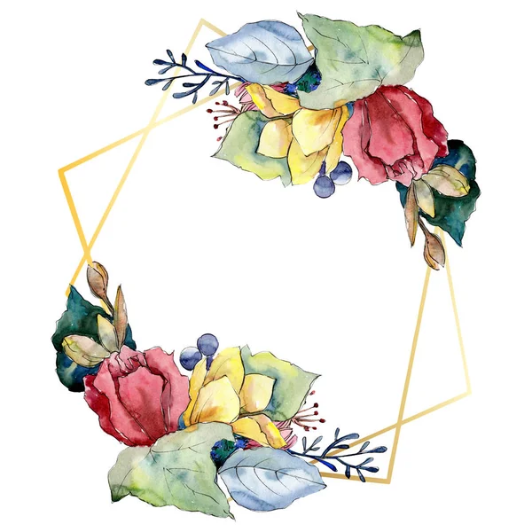 Boeket bloemen botanische bloemen. Aquarel achtergrond afbeelding instellen. Frame grens ornament vierkant. — Stockfoto