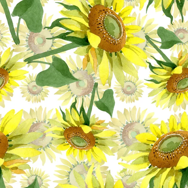 Sunflower floral botanical flowers. Watercolor background illustration set. Seamless background pattern.