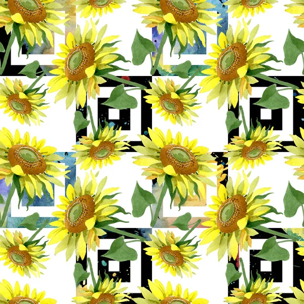 Sunflower floral botanical flowers. Watercolor background illustration set. Seamless background pattern. — Stock Photo, Image