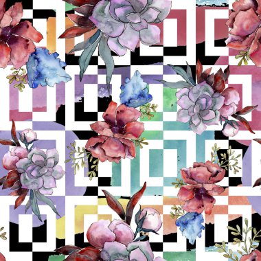 Buket çiçek botanik çiçekler. Suluboya arka plan illüstrasyon küme. Sorunsuz arka plan deseni.