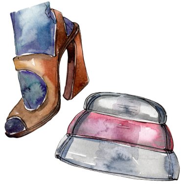 Hat and shoes sketch glamour illustration in a watercolor style isolated element. Watercolour background set.