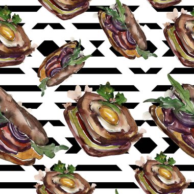 Bir suluboya tarzında sandviç. Suluboya lokanta illüstrasyon öğesi. Sorunsuz arka plan deseni.