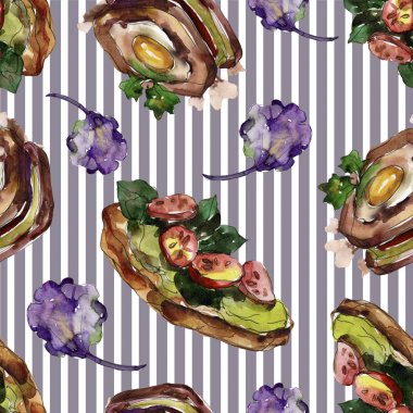 Bir suluboya tarzında sandviç. Suluboya lokanta illüstrasyon öğesi. Sorunsuz arka plan deseni.