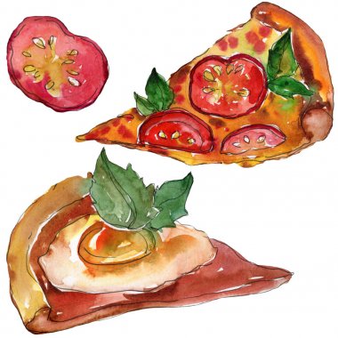 Fast food itallian pizza izole bir suluboya tarzında. Aquarelle gıda resimde arka planı için.