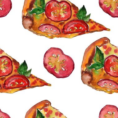 Fast food itallian pizza izole bir suluboya tarzında ayarlayın. Suluboya sorunsuz arka plan deseni.