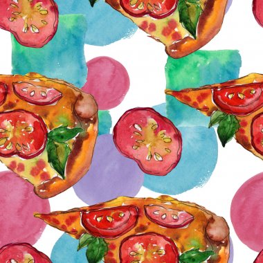 Fast food itallian pizza izole bir suluboya tarzında ayarlayın. Suluboya sorunsuz arka plan deseni.