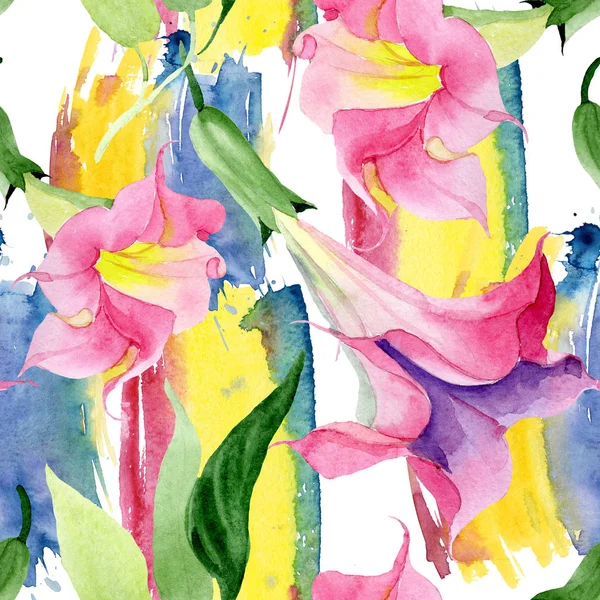 Pink brugmansia floral botanical flowers. Watercolor background illustration set. Seamless background pattern. — Stock Photo, Image