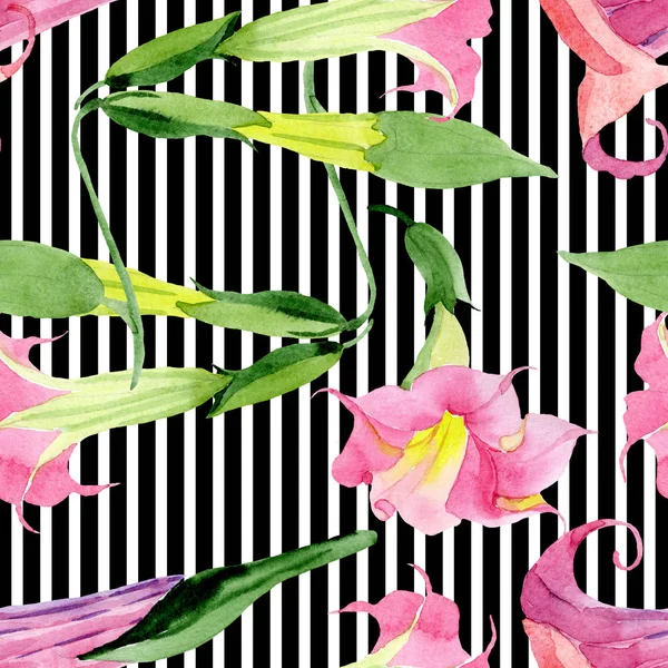 Brugmansia rosa flores botánicas florales. Conjunto de ilustración de fondo acuarela. Patrón de fondo sin costuras . —  Fotos de Stock