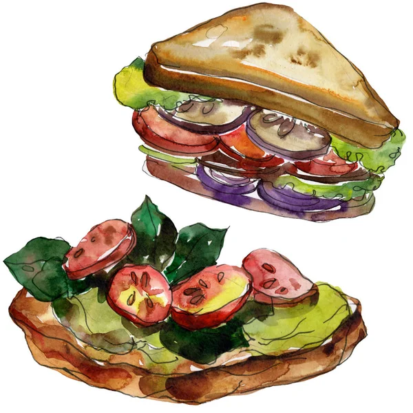 Sandwich in a watercolor style isolated. Watercolour fast food illustration element on white background. — Stock Photo, Image