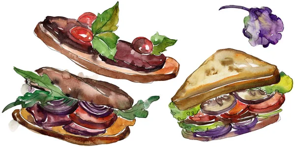 Sandwich en un estilo acuarela aislado. Acuarela elemento de ilustración de comida rápida sobre fondo blanco . — Foto de Stock