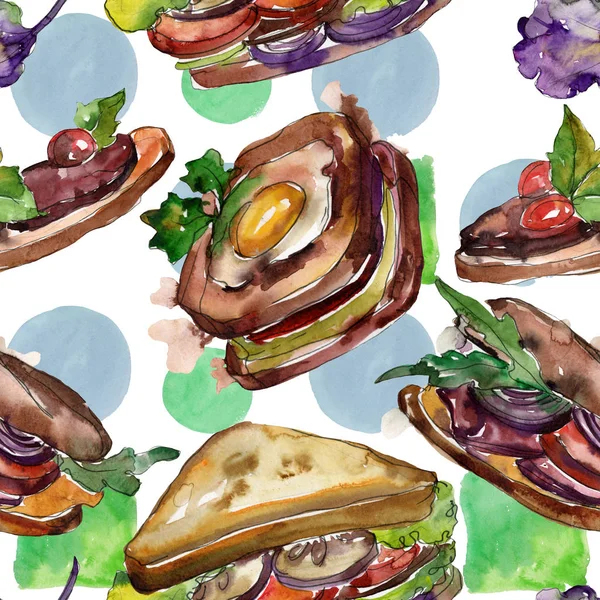 Sandwich in een aquarel stijl. Aquarel fastfood illustratie element. Naadloze achtergrondpatroon. — Stockfoto