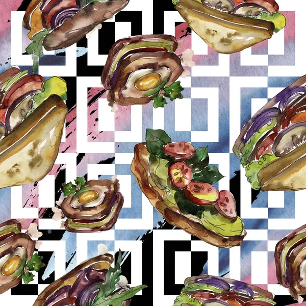 Sandwich en un estilo acuarela. Acuarela elemento ilustrativo de comida rápida. Patrón de fondo sin costuras . —  Fotos de Stock