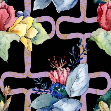 Buket çiçek botanik çiçekler. Suluboya arka plan illüstrasyon küme. Sorunsuz arka plan deseni.