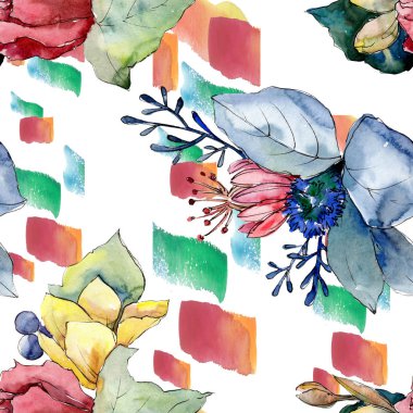 Buket çiçek botanik çiçekler. Suluboya arka plan illüstrasyon küme. Sorunsuz arka plan deseni.