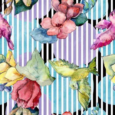 Buket çiçek botanik çiçekler. Suluboya arka plan illüstrasyon küme. Sorunsuz arka plan deseni.