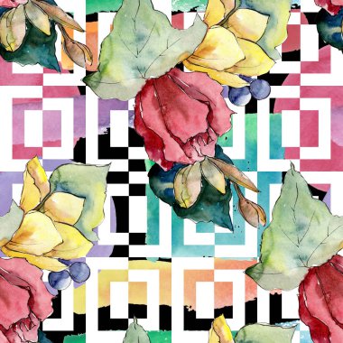 Buket çiçek botanik çiçekler. Suluboya arka plan illüstrasyon küme. Sorunsuz arka plan deseni.