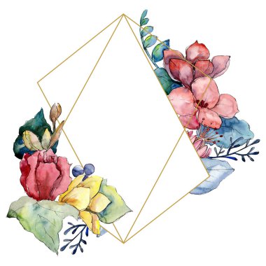 Buket çiçek botanik çiçekler. Suluboya arka plan illüstrasyon küme. Çerçeve kenarlığı süsleme Meydanı.